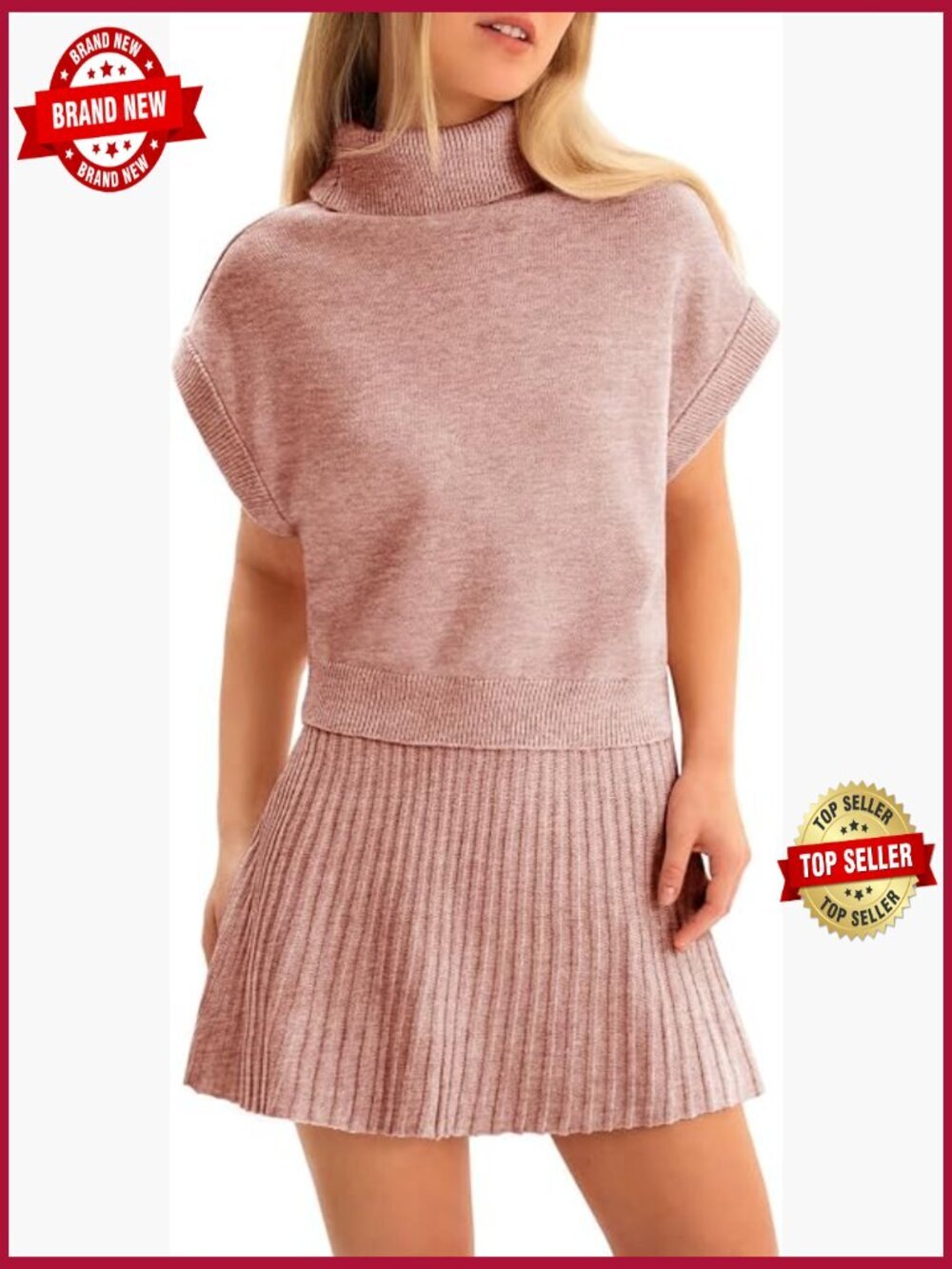 2 Piece Skirt Set Turtleneck Crop Top Pleated Mini Skirt Knitted Lounge Set